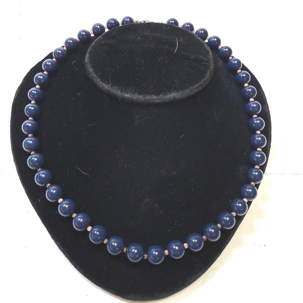 Vintage Navy Blue Round Bead Necklace 17 Inch Classic Preppy Costume Jewelry